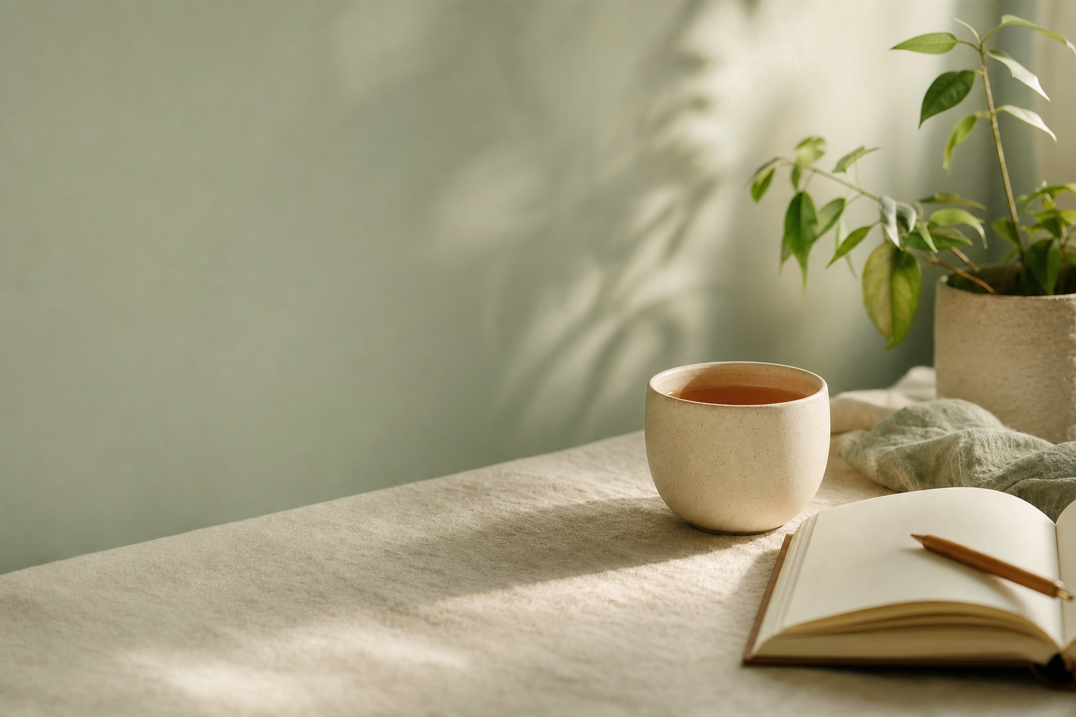 A quiet, sunlit table with a cup of tea, an open journal, and a small green plant